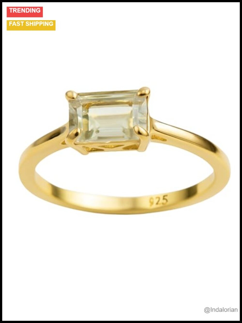 Green Amethyst Baguette Ring 6x8mm East-West 925 Sterling Silver Gold Plated